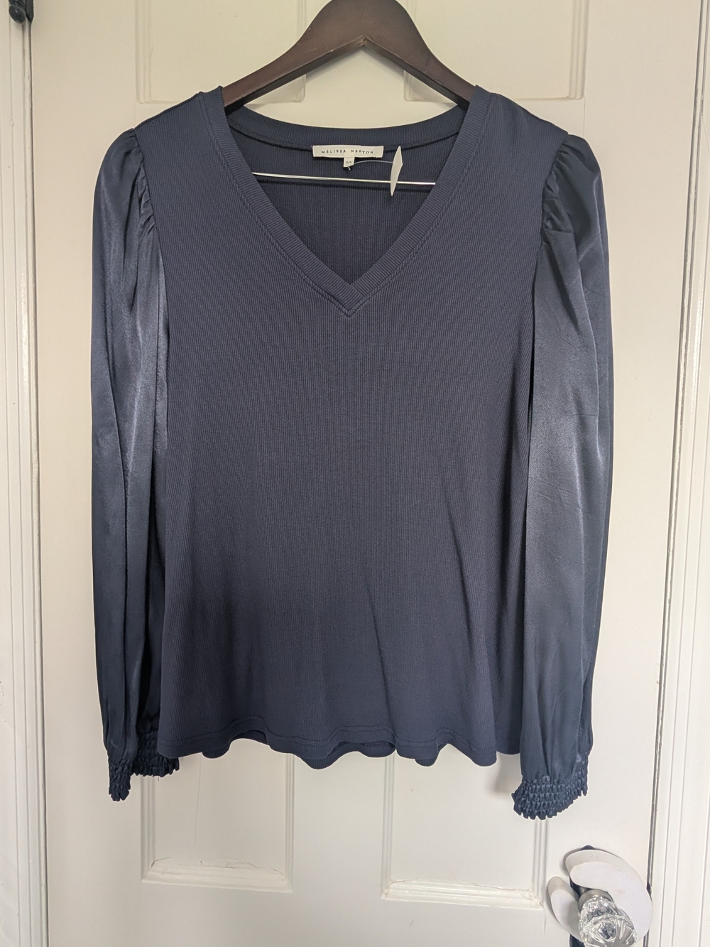 MELISSA NEPTON Navy V-Neck Baloon Sleeve Top